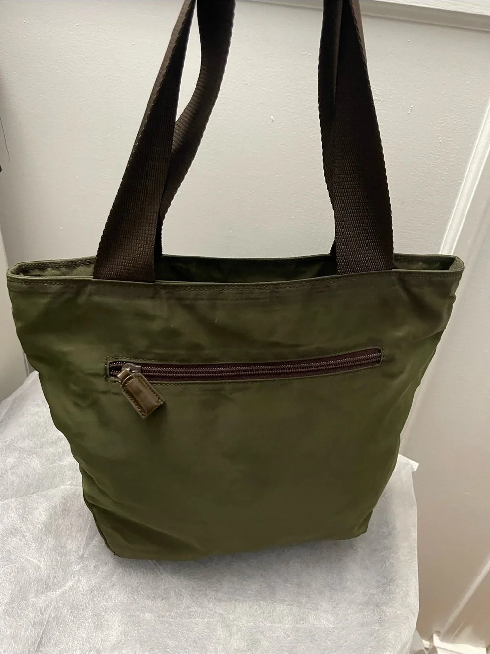 Prada Olive Nylon Tote with Dark Brown Straps - Picture 3 of 6